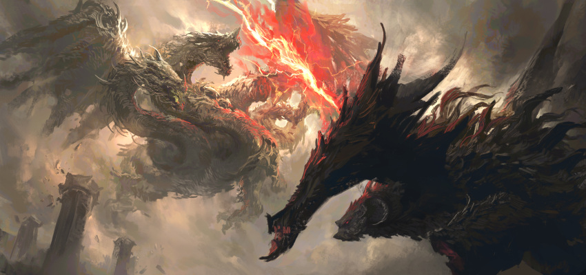 absurdres, ancient_dragon_(elden_ring), bayle_the_dread, building, dragon, dragon_horns, dragon_wings, dragonlord_placidusax, duel, elden_ring, elden_ring:_shadow_of_the_erdtree, electricity, electrokinesis, highres, horns, leo-dont-want-to-be-a-painter, multiple_heads, overcast, rubble, sky, western_dragon, wings