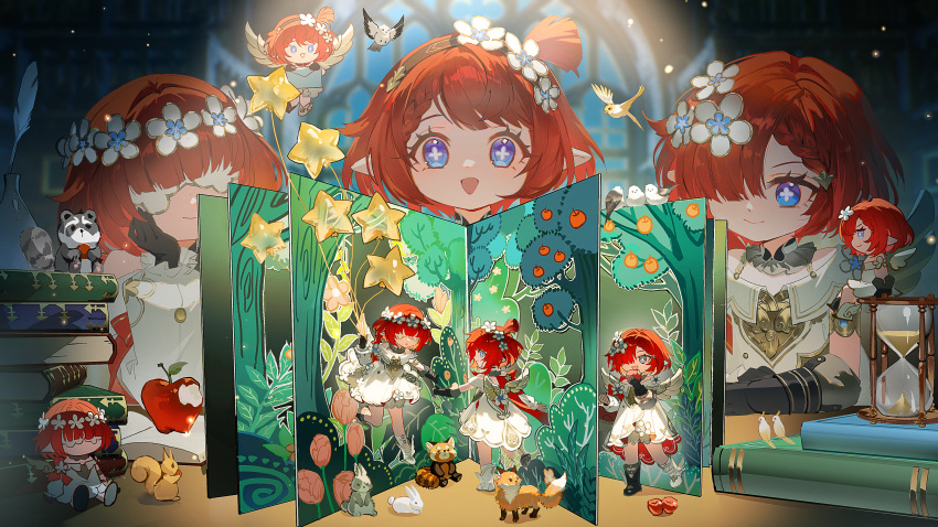 3girls, :d, :o, absurdres, angel_wings, apple, apple_tree, asymmetrical_footwear