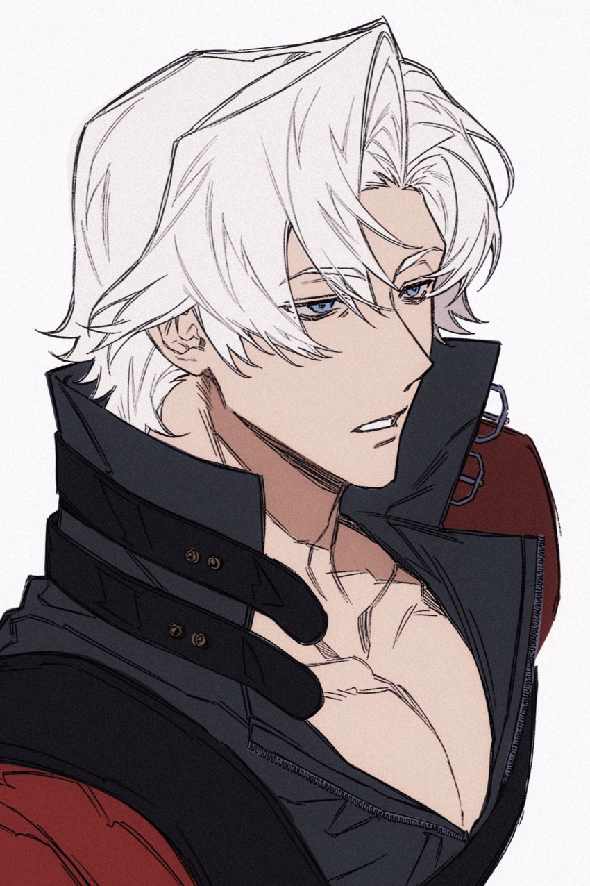 1boy, blue_eyes, collarbone, commentary, curtained_hair, dante_(devil_may_cry), devil_may_cry_(series), devil_may_cry_2, high_collar, highres, jacket, kkim52, lapels, looking_ahead, male_focus, open_collar, parted_bangs, parted_lips, pectoral_cleavage, pectorals, popped_collar, red_jacket, simple_background, solo, teeth, upper_body, white_background, white_hair