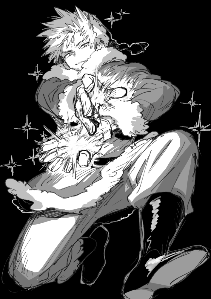1boy, bakugou_katsuki, black_background, boku_no_hero_academia, boots, closed_mouth, coat, commentary_request, explosion, full_body, fur-trimmed_coat, fur-trimmed_sleeves, fur_trim, greyscale, long_sleeves, looking_ahead, male_focus, monochrome, outstretched_arms, pants, short_hair, simple_background, solo, sparkle, spiky_hair, tanikudayo