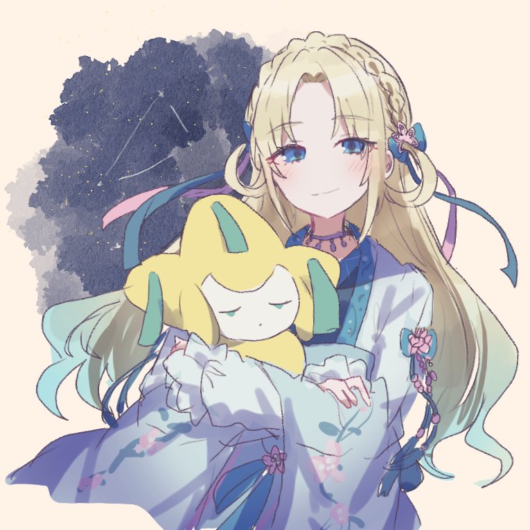 1girl, aqua_bow, aqua_hair, black_kimono, blonde_hair, blue_eyes, blue_shawl, blush, bow, braid, closed_mouth, crown_braid, gradient_hair, hair_bow, hair_rings, haori, holding, holding_pokemon, japanese_clothes, jirachi, kimono, link!_like!_love_live!, long_hair, long_sleeves, love_live!, multicolored_hair, official_alternate_costume, official_alternate_hairstyle, orihime_soushi_(love_live!), osawa_rurino, parted_bangs, pokemon, pokemon_(creature), shawl, smile, uo_(wotakana_p), virtual_youtuber, white_haori