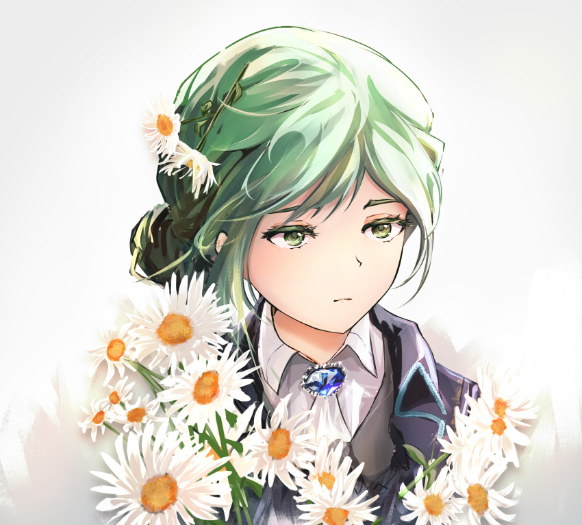 1girl, :|, absurdres, black_coat, closed_mouth, coat, collared_shirt, flower