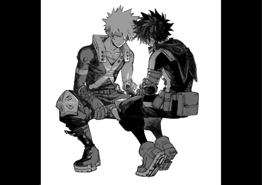 2boys, bakugou_katsuki, belt, belt_pouch, boku_no_hero_academia, boots, closed_mouth, collarbone, commentary_request, cowl, greyscale, hair_between_eyes, knee-pads, male_focus, midoriya_izuku, monochrome, multiple_boys, pants, pillarboxed, pouch, scar, scar_on_cheek, scar_on_face, shoes, short_hair, sneakers, spiky_hair, superhero_costume, tanikudayo