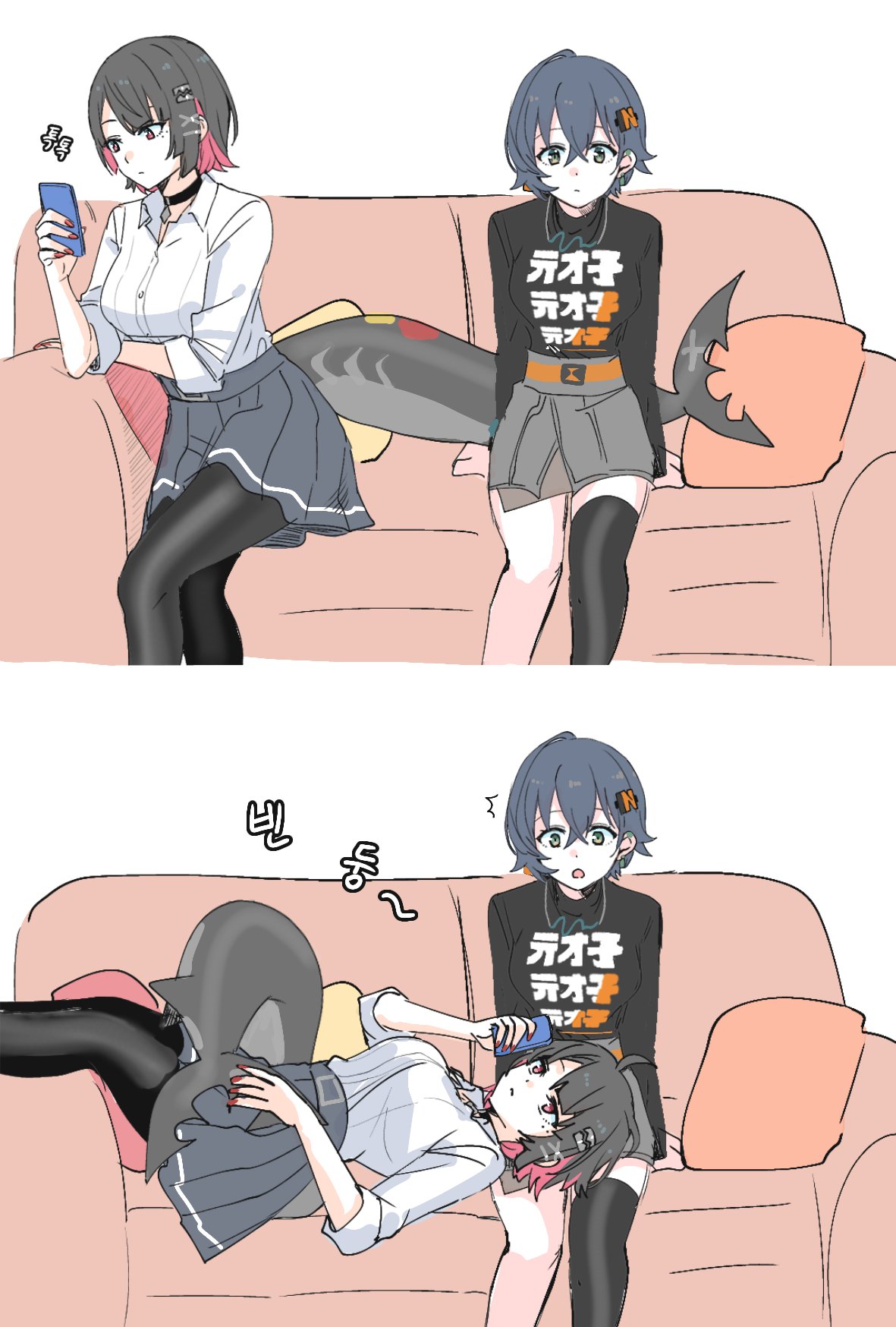 2girls, belle_(zenless_zone_zero), black_hair, black_pantyhose, black_shirt, black_thighhighs, blue_hair, cellphone