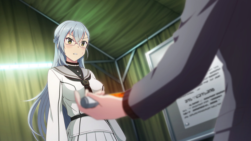 2girls, ampule, ayanokouji_martial_arts_school_uniform, black_neckerchief, breasts, game_cg, glasses, grey_hair