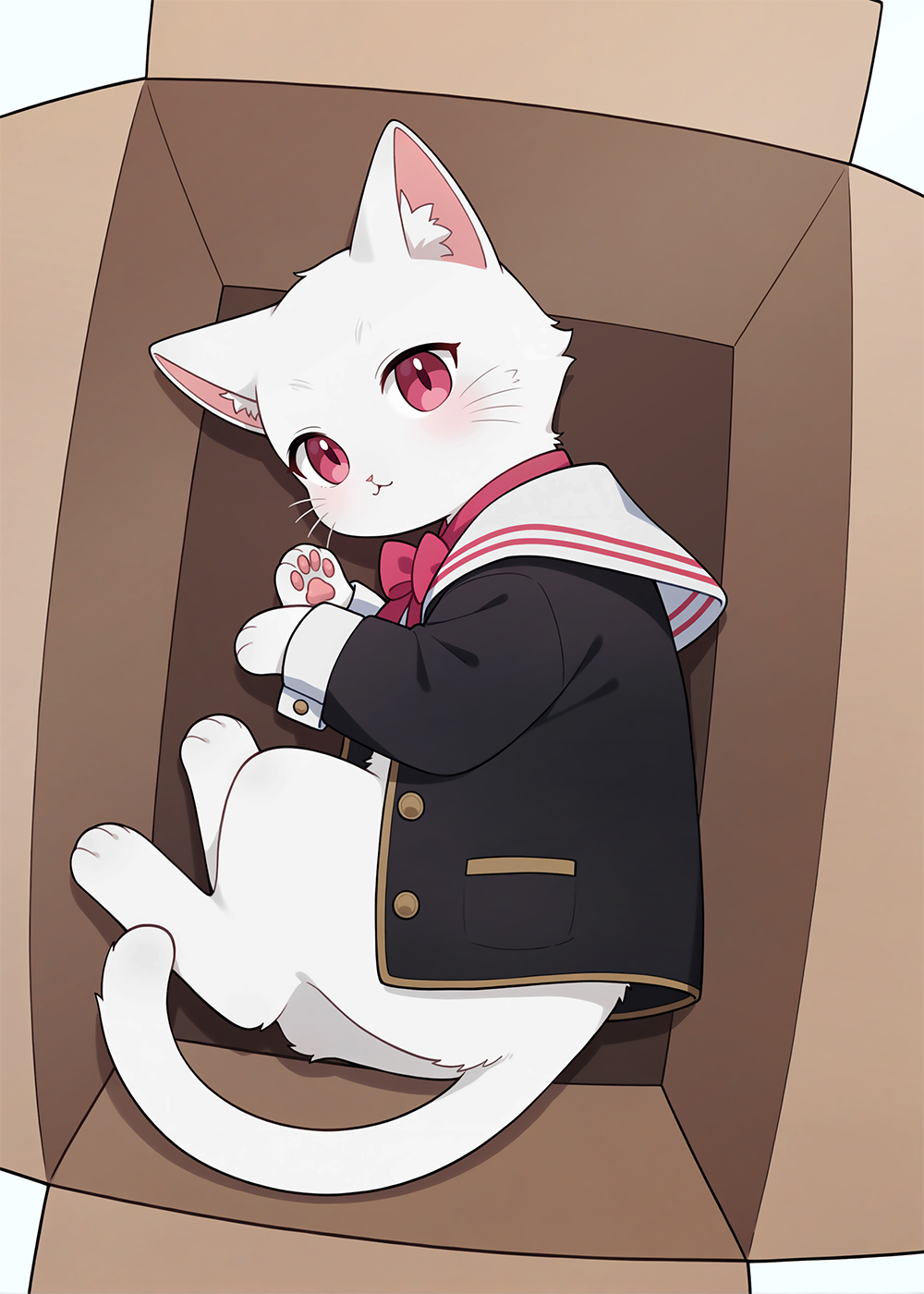 animal, animal_ear_fluff, black_jacket, blue_background, blush, bow, box, cardboard_box