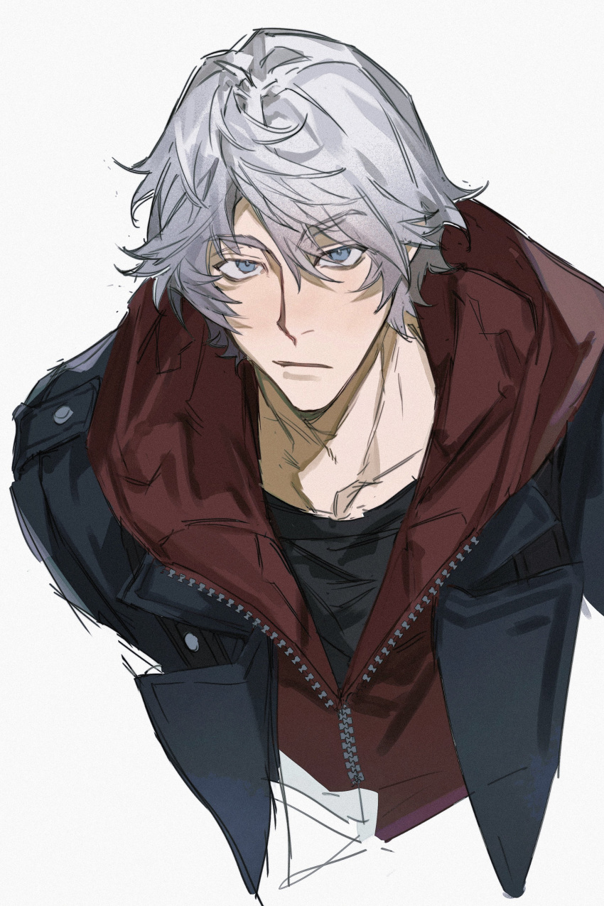 1boy, :/, absurdres, blue_eyes, blue_jacket, closed_mouth, collarbone, devil_may_cry_(series)