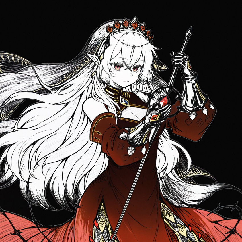 1girl, alternate_form, arched_crown, armor, bare_shoulders, black_background, blazing_cartesia_the_virtuous, blue_gemstone, breasts, cleavage_cutout, clothing_cutout, crown, dress, duel_monster, ecclesia_(yu-gi-oh!), facing_to_the_side, gauntlets, gem, hair_ribbon, highres, holding, holding_sword, holding_weapon, long_hair, looking_at_object, looking_down, looking_to_the_side, ownshine, partially_colored, pointy_ears, rapier, red_crown, red_dress, red_eyes, red_gemstone, red_sleeves, ribbon, silver_crown, sword, thorns, weapon, white_armor, white_hair, wind, yu-gi-oh!