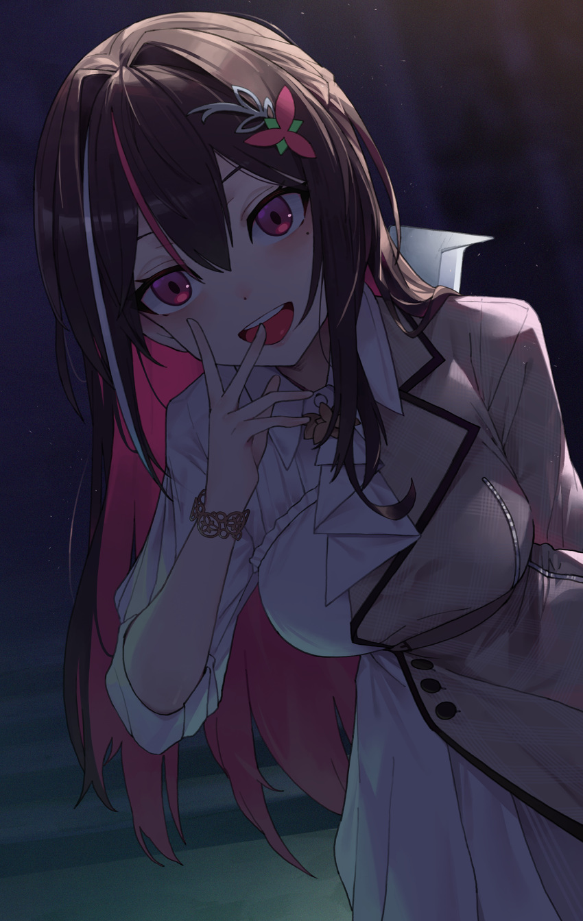 1girl, :d, absurdres, arm_behind_back, ascot, azki_(4th_costume)_(hololive), azki_(hololive), black_hair