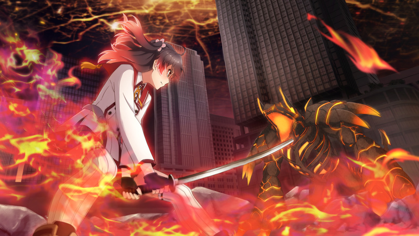 1girl, ahoge, aratama_(toji_no_miko), asakura_mihono, battle, black_gloves, brown_hair, building