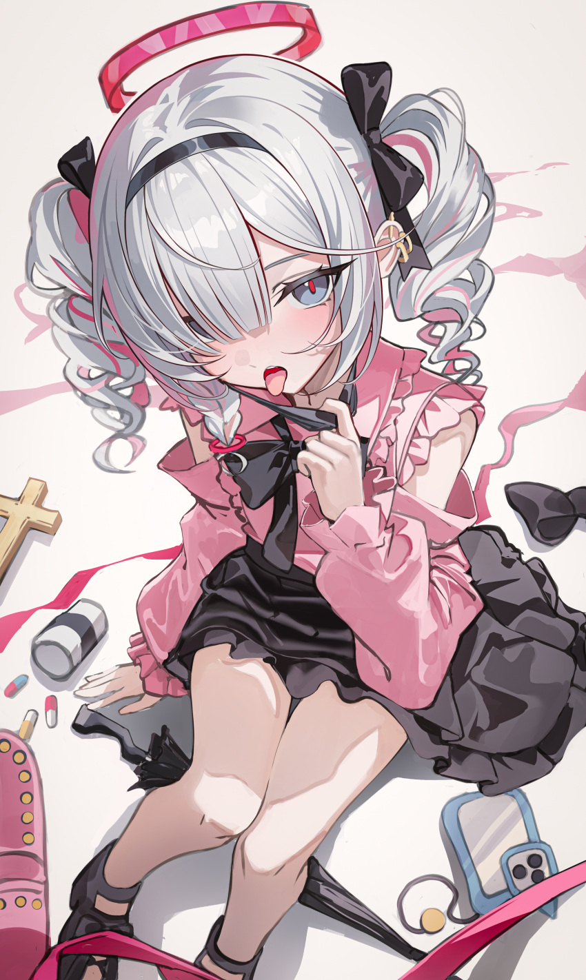 1girl, absurdres, alternate_costume, black_bow, black_bowtie, black_hairband, black_sandals, black_shoes