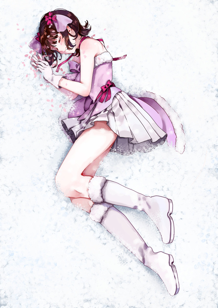 1girl, absurdres, amami_haruka, bare_shoulders, boots, bow, brown_hair, choker