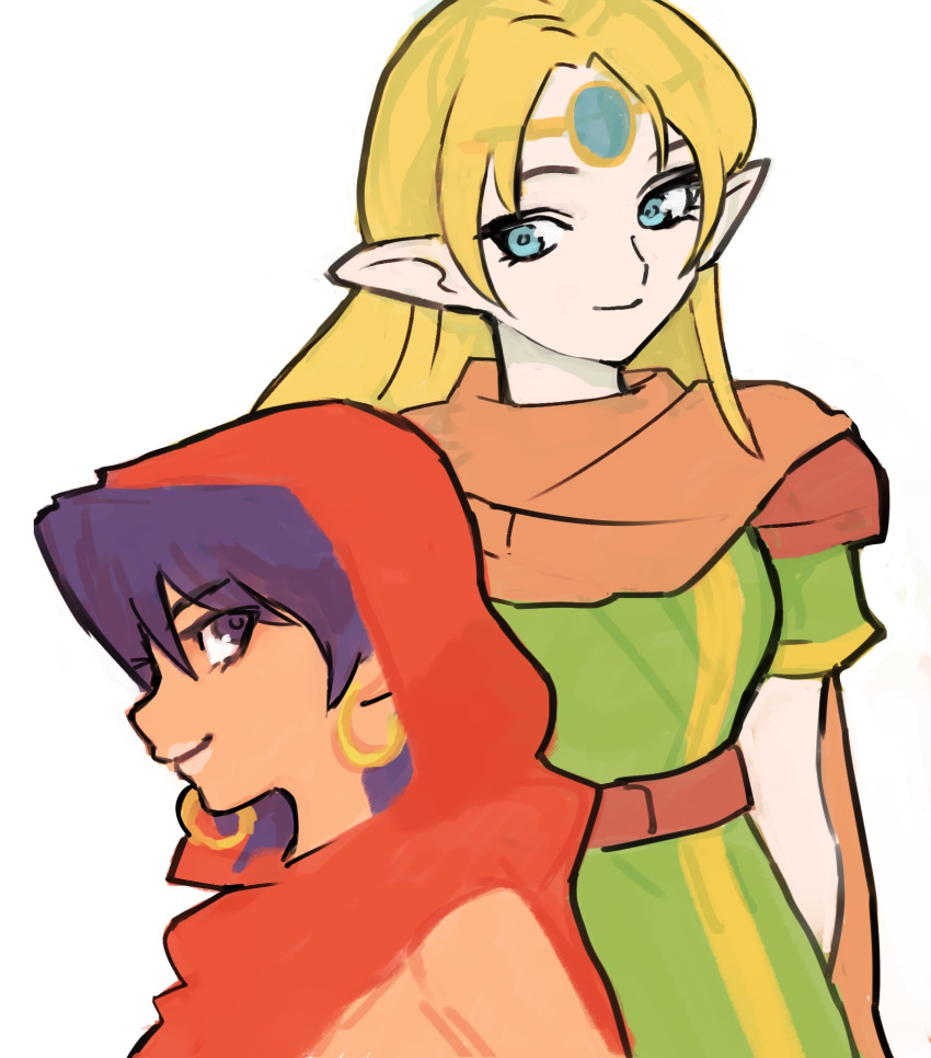 2girls, belt, blonde_hair, blue_eyes, brown_cape, cape, circlet, closed_mouth, dress, dungeons_&amp;_dragons, dungeons_&amp;_dragons:_chronicles_of_mystara, earrings, elf, gan2, green_dress, highres, hood, hood_up, hoop_earrings, jewelry, long_hair, lucia_(chronicles_of_mystara), moriah_(chronicles_of_mystara), multiple_girls, pointy_ears, purple_hair, red_belt, short_sleeves, simple_background, smile, violet_eyes, white_background