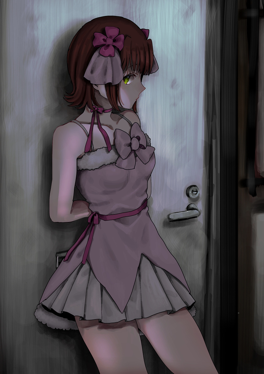 1girl, absurdres, against_wall, amami_haruka, arms_behind_back, bare_shoulders, bow, breasts