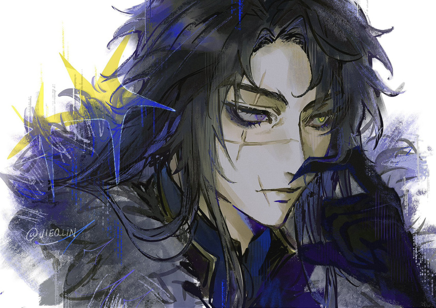 1boy, black_gloves, black_hair, blue_eyes, blue_shirt, capitano_(genshin_impact), closed_mouth, collared_shirt
