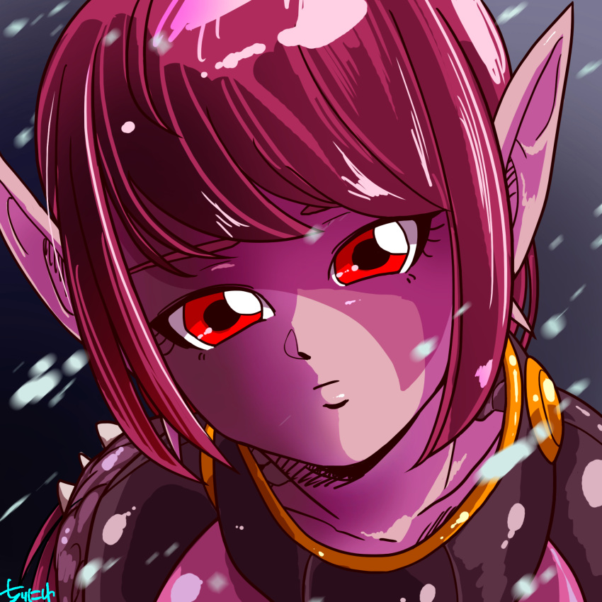 1girl, armor, closed_mouth, colored_skin, facial_mark, golden_sun, highres, horns