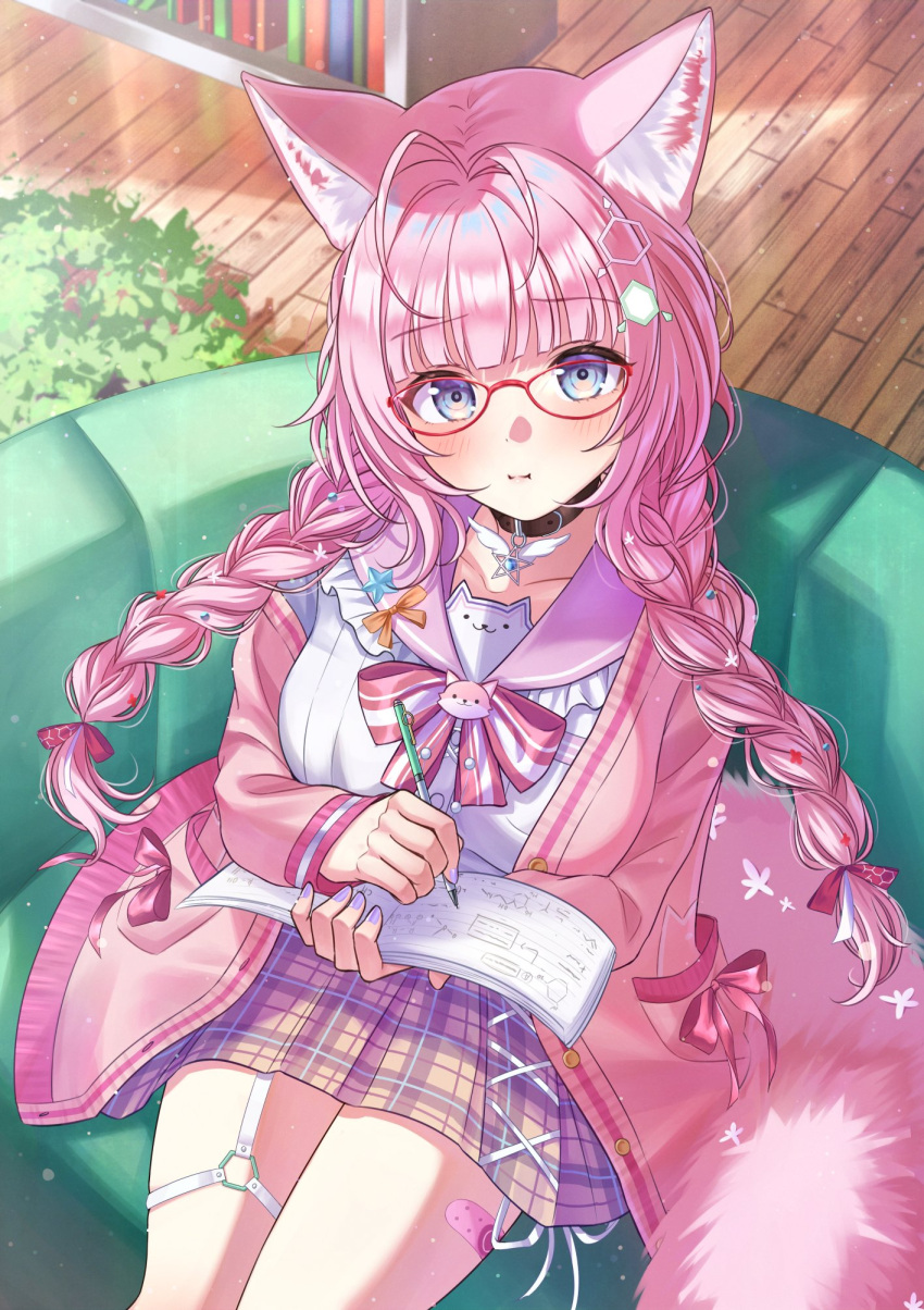 1girl, :t, animal_ear_fluff, animal_ears, antenna_hair, bandaid_on_thigh, belt_collar, blue_eyes