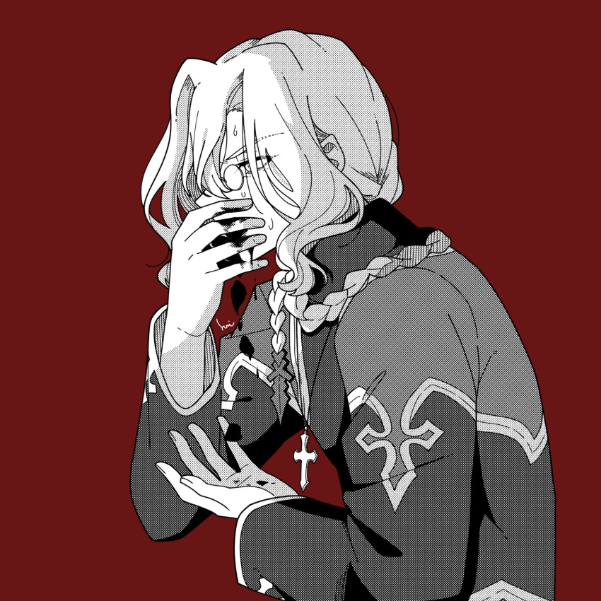 1boy, black_dress, blood, blood_on_face, blood_on_hands, braid, braided_ponytail, dress, fate/grand_order, fate_(series), glasses, hand_on_own_face, highres, long_hair, male_focus, michael_roa_valdamjong, monochrome, ponytail, red_background, struggling, sweat, sweatdrop, tarantella_(fate), upper_body, yukinari_kakuri
