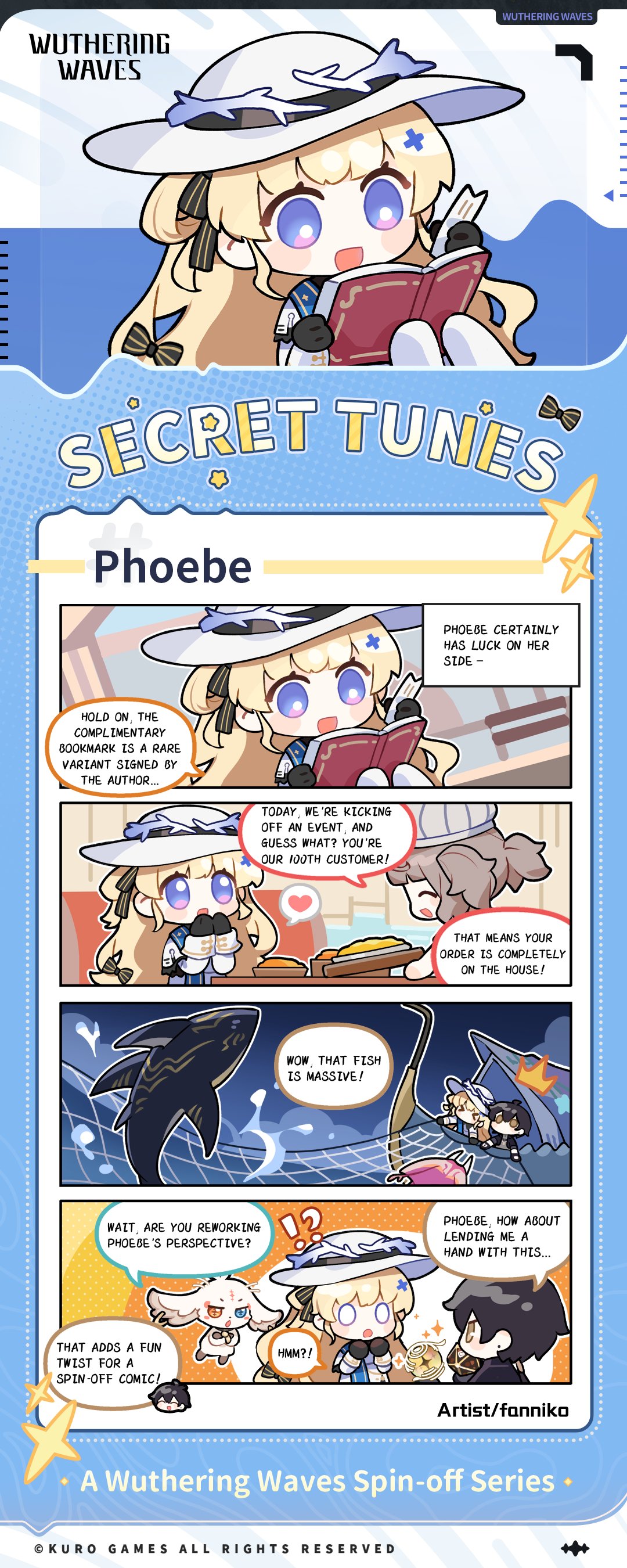>_<, 1boy, 2girls, :d, abby_(wuthering_waves), absurdres, black_bow, black_gloves, black_hair, blonde_hair, blue_eyes, book, bow, brown_hair, chibi, chibi_only, commentary, english_commentary, english_text, fanniko, gloves, hair_bow, hair_ornament, hat, heart, highres, holding, holding_book, logo, long_hair, looking_at_another, male_rover_(wuthering_waves), margherita_(wuthering_waves), multiple_girls, official_art, open_mouth, phoebe_(wuthering_waves), rover_(wuthering_waves), second-party_source, smile, spoken_heart, striped_bow, tacet_discord_(wuthering_waves), white_hat, wuthering_waves, x_hair_ornament, yellow_eyes