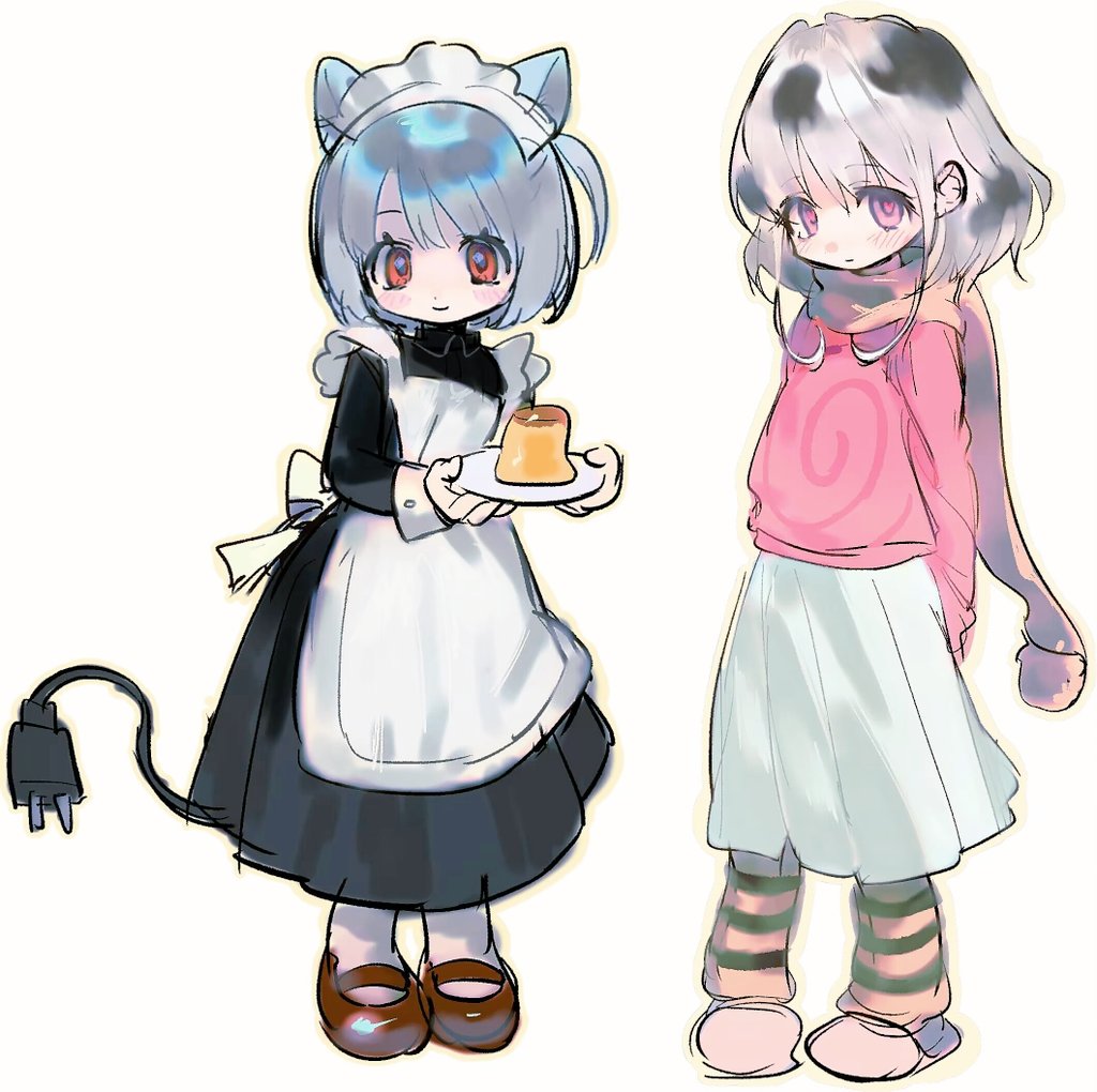 2girls, animal_ears, apron, arms_behind_back, bad_id, bad_twitter_id, black_dress, black_hair