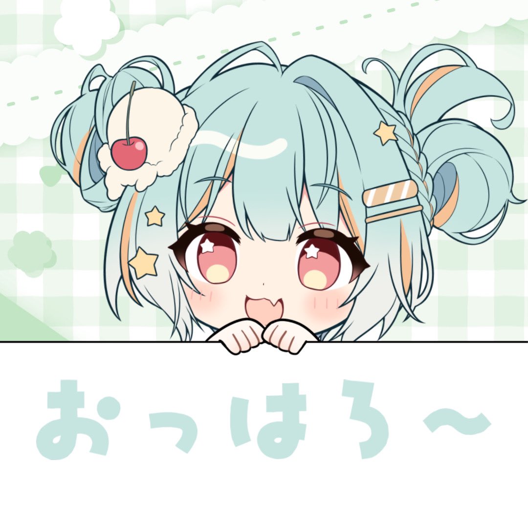 1girl, :d, aqua_hair, cherry_hair_ornament, commentary_request, double_bun, fang, first_stage_production