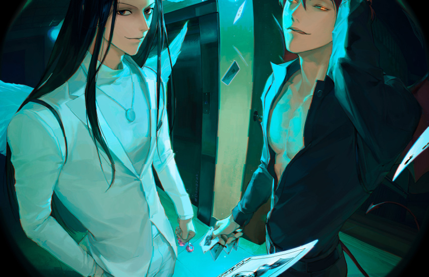 2boys, absurdres, ace_(playing_card), ace_of_spades, angel_wings, black_eyes, black_hair, black_shirt