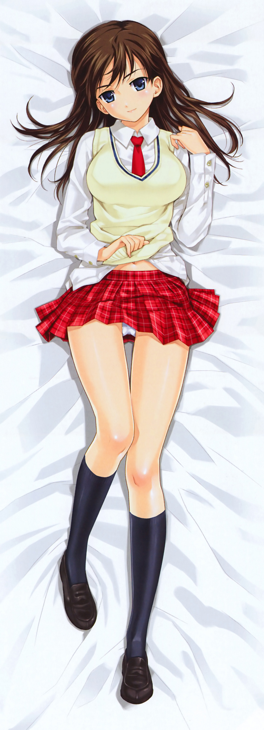 1girl, absurdres, black_footwear, black_kneehighs, black_legwear, black_shoes, blue_eyes, breasts, brown_hair, closed_mouth, collared_shirt, dakimakura, female, full_body, happoubi_jin, highres, iseshima_aya, kneehighs, large_breasts, legs, loafers, long_hair, long_sleeves, lying, miniskirt, necktie, on_back, panties, plaid, plaid_skirt, pleated_skirt, red_necktie, red_neckwear, school_uniform, seifuku, shirt, shirt_under_vest, shoes, skirt, smile, socks, solo, sweater, sweater_vest, underwear, upskirt, vest, white_panties, white_shirt, zettai_shougeki, zettai_shougeki_platonic_heart