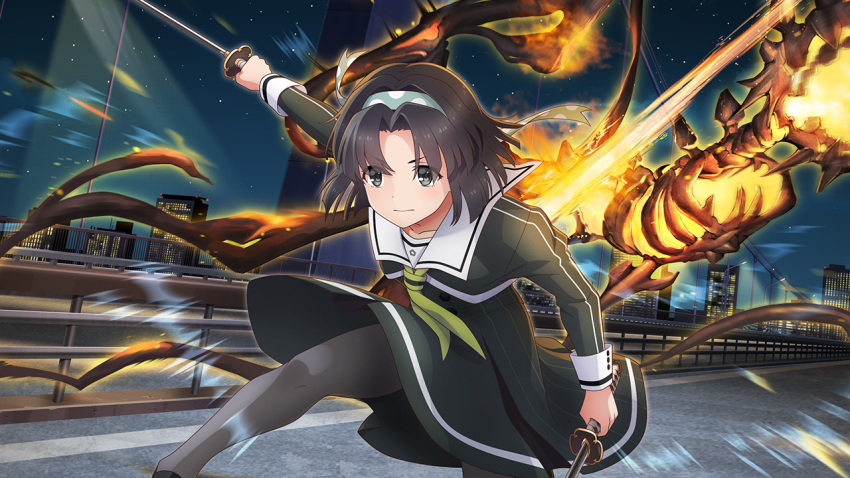 1girl, aratama_(toji_no_miko), black_hair, bridge, building, closed_mouth, dress, dual_wielding