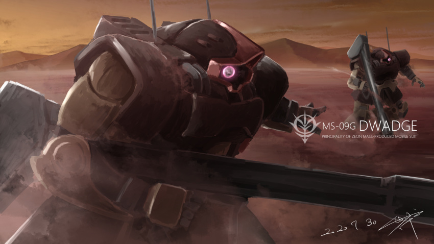 bazooka_(gundam), character_name, commentary_request, desert, dirty, dust_cloud, dwadge, emblem