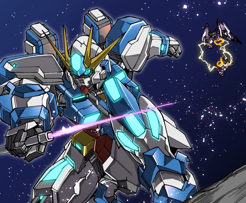 amakawa_mayu, battle, destruction, energy_sword, english_commentary, glowing, glowing_eyes, gundam