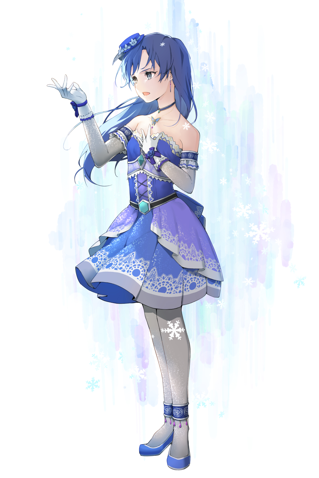 1girl, ankle_strap, bare_shoulders, blue_dress, blue_hair, blue_hat, blue_shoes, choker