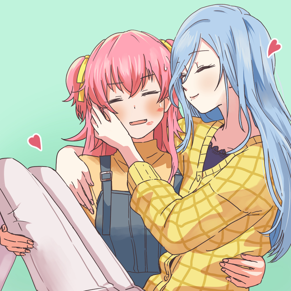 2girls, blue_background, blue_hair, blue_overalls, cardigan, carrying, closed_eyes, closed_mouth