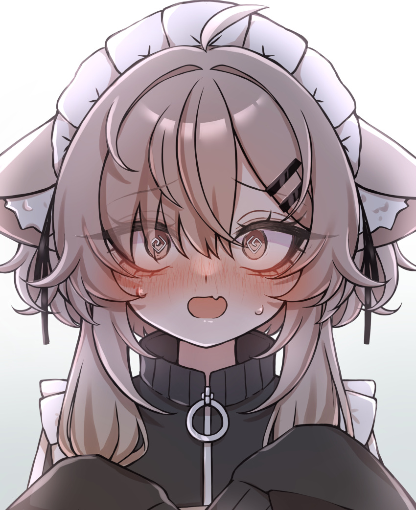 1girl, =_hair_ornament, @_@, absurdres, ahoge, animal_ear_fluff, animal_ears, black_jacket, black_ribbon, blush, brown_eyes, brown_hair, constricted_pupils, embarrassed, eyes_visible_through_hair, fang, fox_ears, hair_intakes, hair_ornament, hair_over_one_eye, hair_ribbon, hairclip, highres, jacket, long_sleeves, looking_at_viewer, mafuyu_(vrchat), maid_headdress, matakone1219, medium_hair, nose_blush, open_mouth, portrait, ribbon, sidelocks, simple_background, skin_fang, solo, surprised, sweat, vrchat, white_background