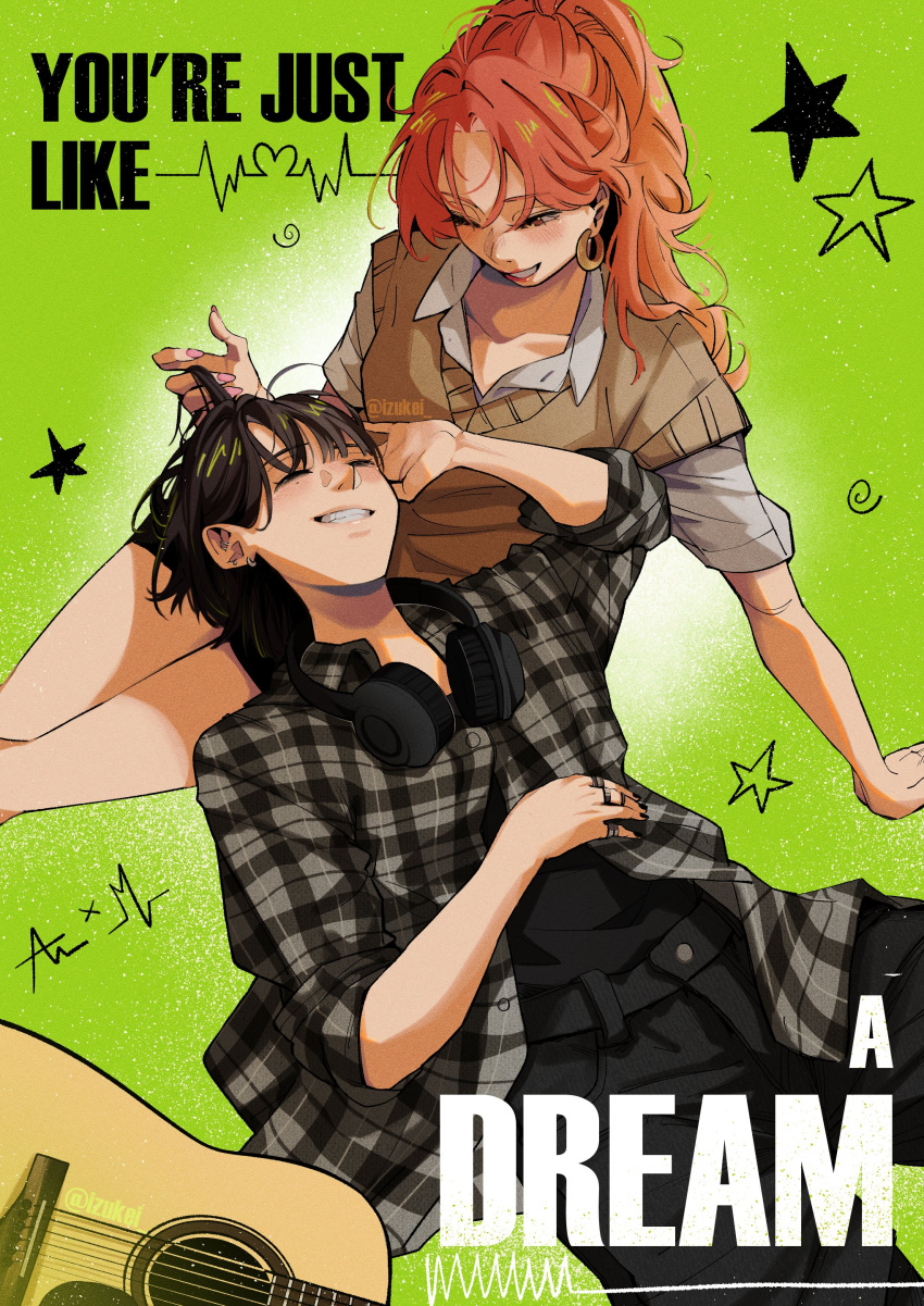 2girls, absurdres, acoustic_guitar, black_hair, black_pants, black_shirt, brown_sweater_vest, cardiogram, closed_eyes, collarbone, collared_shirt, commentary, earrings, english_text, green_background, grin, guitar, hand_in_another's_hair, hashtag-only_commentary, headphones, headphones_around_neck, highres, hoop_earrings, instrument, izukei, jewelry, kininatteru_hito_ga_otoko_ja_nakatta, koga_mitsuki, lap_pillow, long_hair, mole, mole_under_eye, multiple_girls, multiple_rings, oosawa_aya, open_mouth, pants, pink_hair, plaid_clothes, plaid_shirt, ring, shirt, short_sleeves, smile, star_(symbol), sweater_vest, white_shirt, yuri