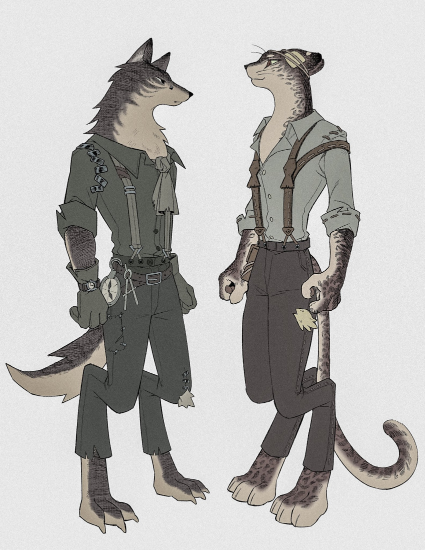 2boys, animal_ears, bandaged_head, bandages, face_piercings, furry, furry_male, green_shirt