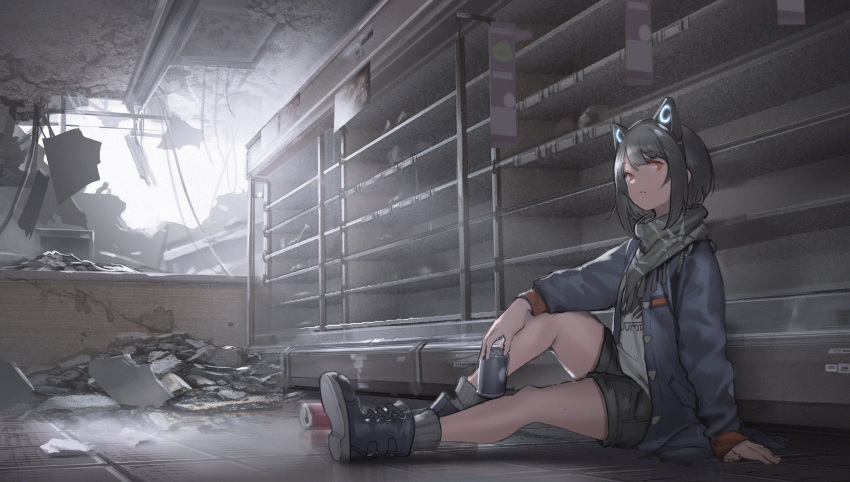 1girl, animal_ear_hairband, animal_ears, arm_on_knee, arm_support, bare_legs, black_boots, black_hair, black_shorts, boots, broken_wall, cable, can, cat_ear_hairband, cat_ears, fake_animal_ears, from_side, full_body, hairband, highres, holding, holding_can, indoors, jacket, knee_up, miharu_(tokoshie_bullet), mogumo, open_clothes, open_jacket, red_eyes, scarf, shelf, shirt, short_hair, shorts, sidelocks, sitting, socks, tokoshie_bullet, white_shirt