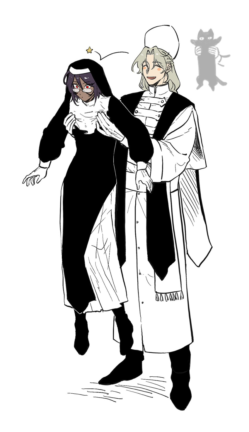 1boy, 1girl, animal, black_cat, blush, carrying, carrying_person, cassock