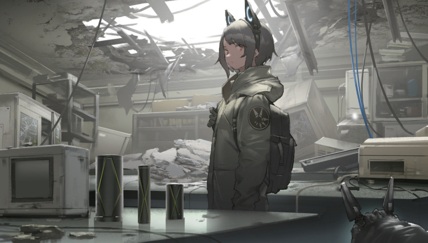 1girl, animal_ear_hairband, animal_ears, arms_at_sides, backpack, bag, black_hair, broken_ceiling