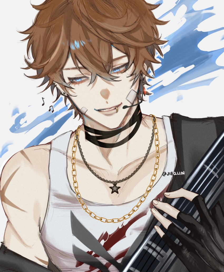 1boy, arm_up, bandage_on_face, bandages, black_gloves, blue_eyes, brown_hair, chain