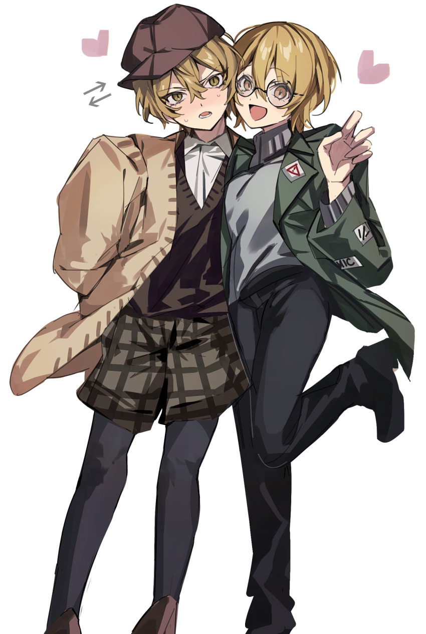 1boy, 1girl, :d, black_pants, black_pantyhose, blonde_hair, blush, brown_hat, brown_jacket, brown_shorts, brown_sweater, claw_pose, cosplay, costume_switch, don_quixote_(project_moon), feet_out_of_frame, glasses, green_jacket, hair_between_eyes, hat, highres, jacket, leg_up, limbus_company, looking_at_viewer, mu46016419, orange_eyes, pants, pantyhose, project_moon, short_hair, shorts, sinclair_(project_moon), slit_pupils, smile, sweat, sweater, turtleneck, turtleneck_sweater, yellow_eyes, zwei_association_south_(identity)_(project_moon)