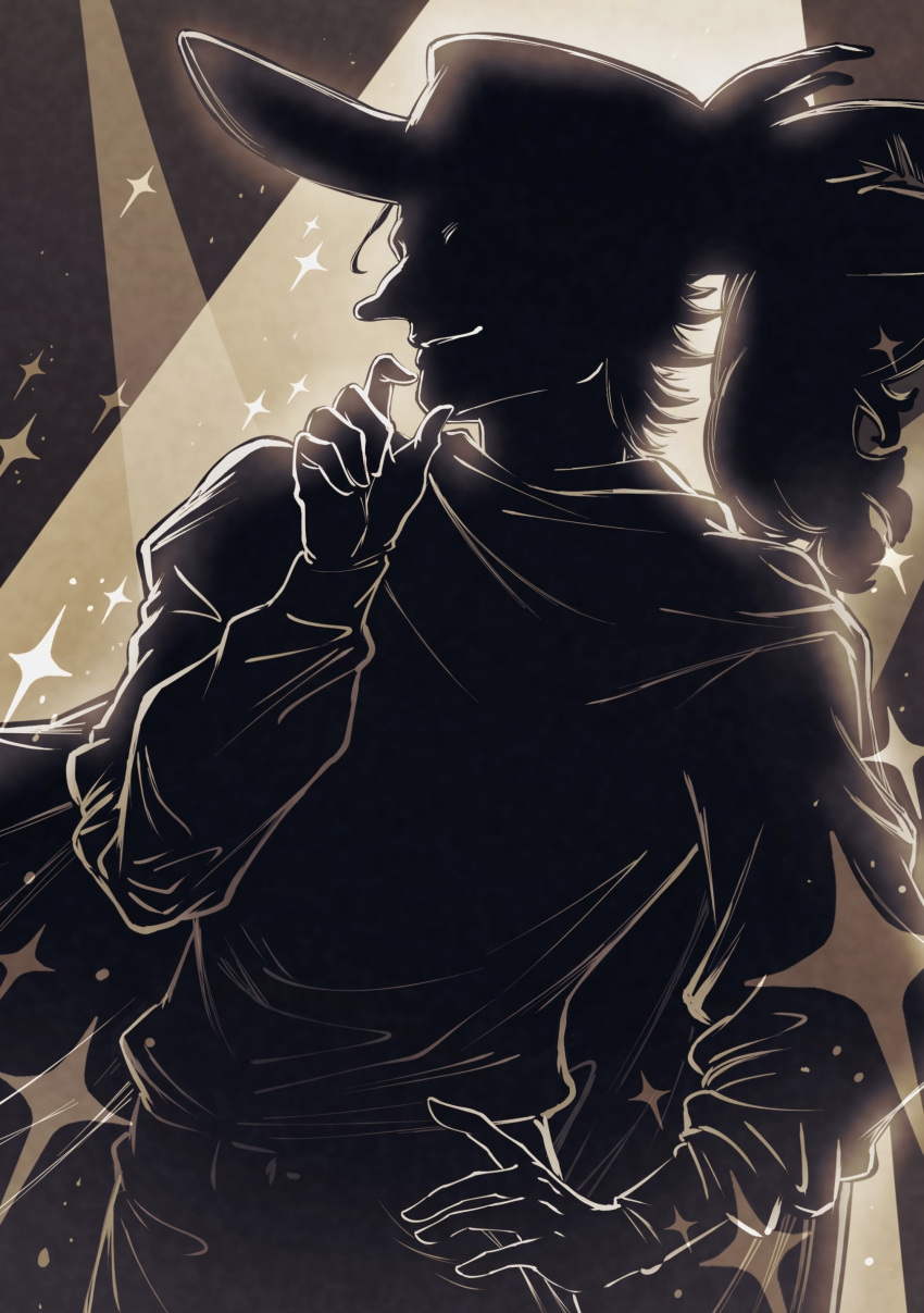 1boy, absurdres, cape, cyrano_de_bergerac_(fate), fate/grand_order, fate_(series), hand_on_own_hip, hat, hat_feather, highres, koniko0907, long_nose, male_focus, pants, silhouette, solo, sparkle, spotlight, thinking, tricorne, upper_body