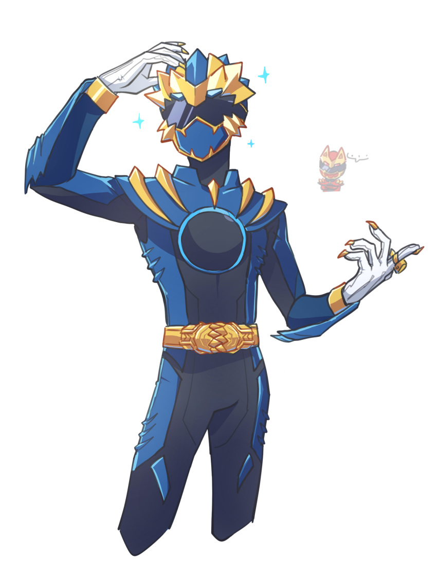 2boys, absurdres, armor, assault_visor, black_bodysuit, blue_armor, blue_bodysuit, blue_helmet