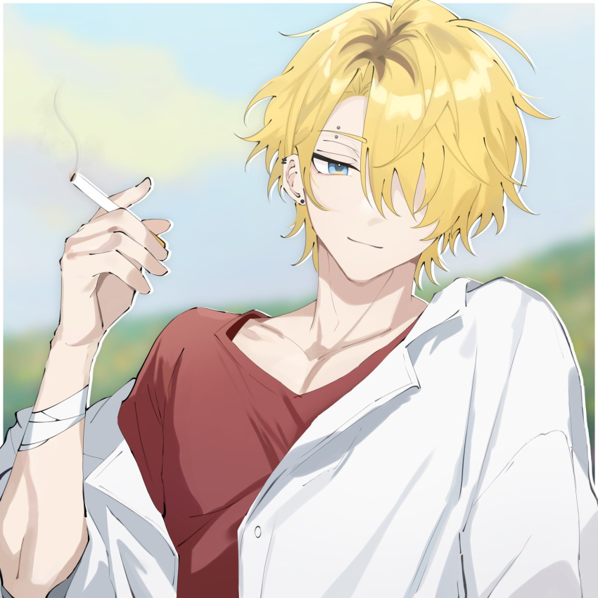 1boy, blksrw, blonde_hair, blue_eyes, brown_shirt, cigarette, collared_shirt, degrees_of_lewdity
