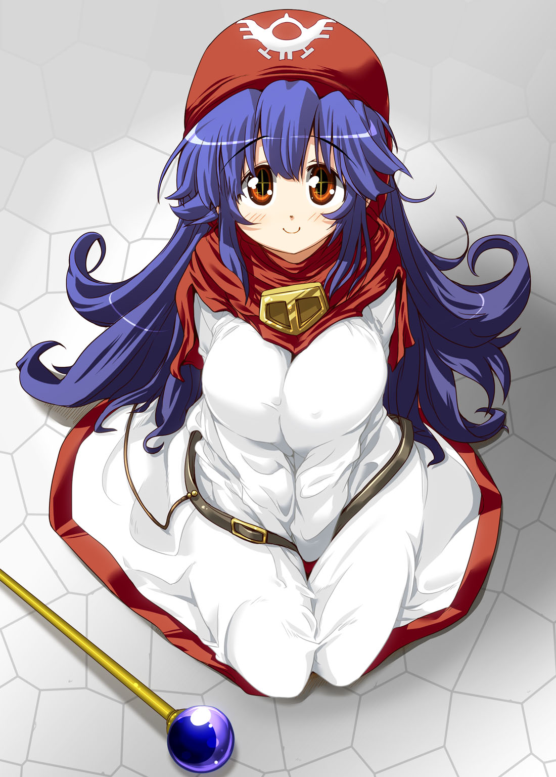 1girl, belt, between_thighs, blue_hair, blush, breasts, brown_eyes, dragon_quest