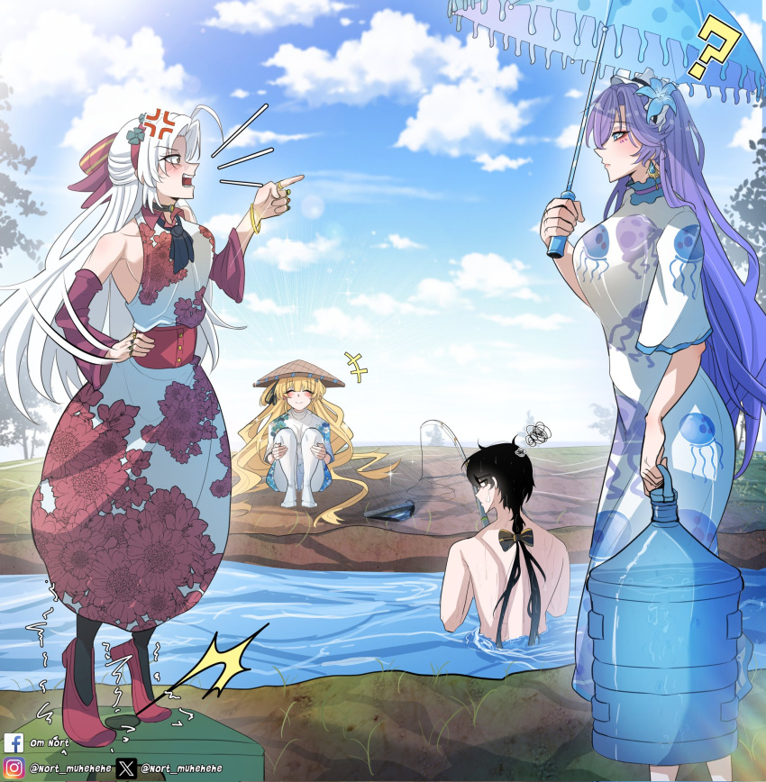 1boy, 3girls, alternate_costume, aqua_eyes, bare_shoulders, black_hair, blonde_hair, blue_eyes