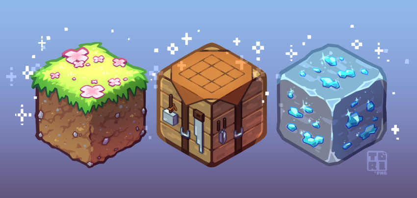 absurdres, blue_gemstone, crafting_table_(minecraft), cube, dirt, flower, gem, grass, highres, minecraft, no_humans, pink_flower, toripng