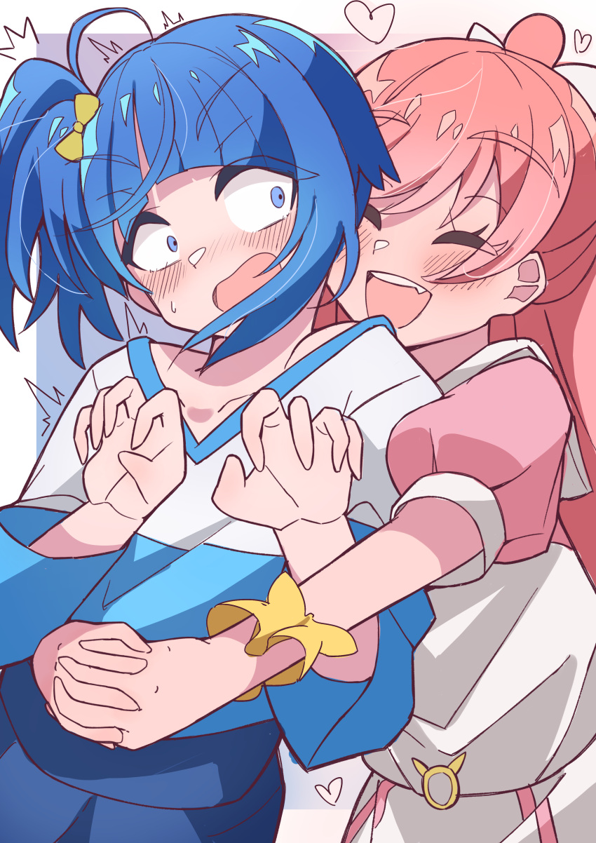 2girls, absurdres, ahoge, blue_eyes, blue_hair, blue_skirt, blush, bow