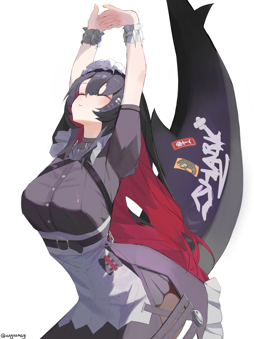1girl, absurdres, alternate_hair_length, alternate_hairstyle, angnomsy, arched_back, arms_up, black_dress