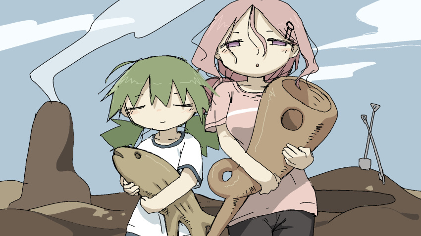 2girls, closed_eyes, closed_mouth, fish, green_hair, hair_between_eyes, highres, holding