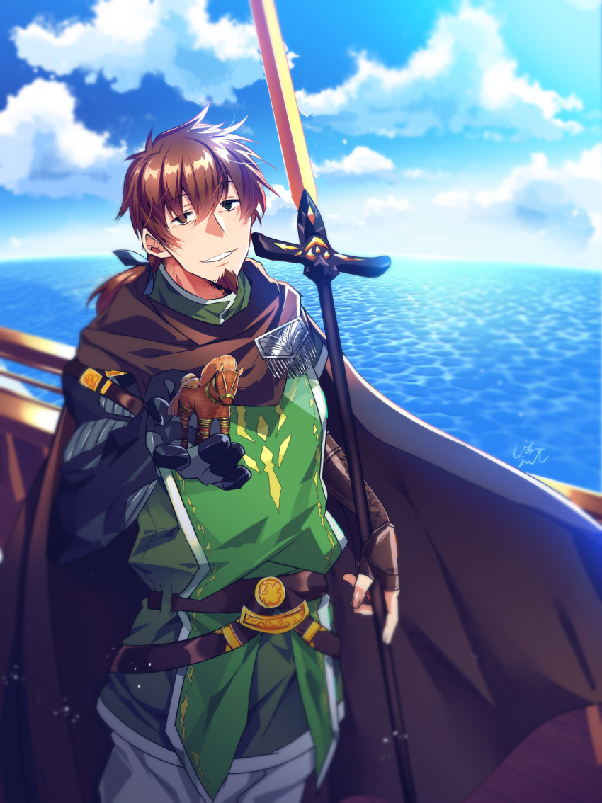 1boy, belt, black_cape, black_eyes, blue_ribbon, cape, clouds, facial_hair